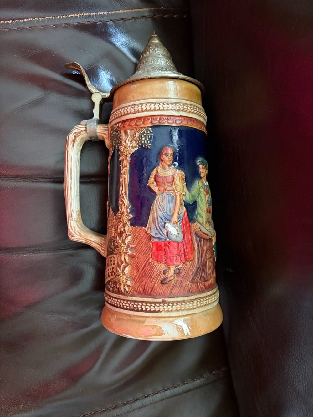 Classic Ceramic Beer Stein with Pewter Lid - Brown/Tan